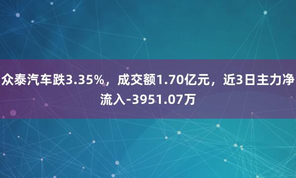 众泰汽车跌3.35%，成交额1.70亿元，近3日主力净流入-3951.07万